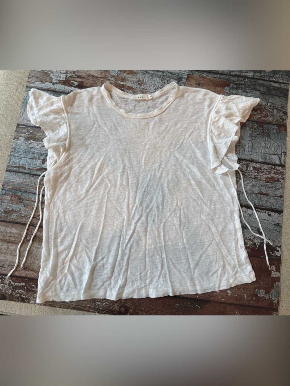 A.L.C. White 💯 Linen Short-Sleeve Ruffle Semi Sheer Tee Oversized Small